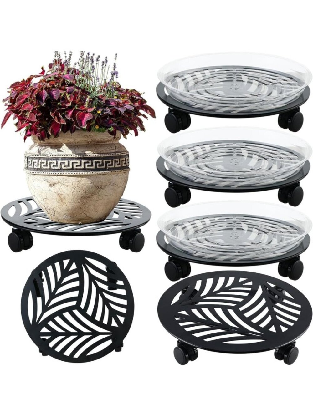 4-Pack Heavy-Duty Metal Plant Caddy with Wheels - Rolling Indoor/Outdoor Planter
